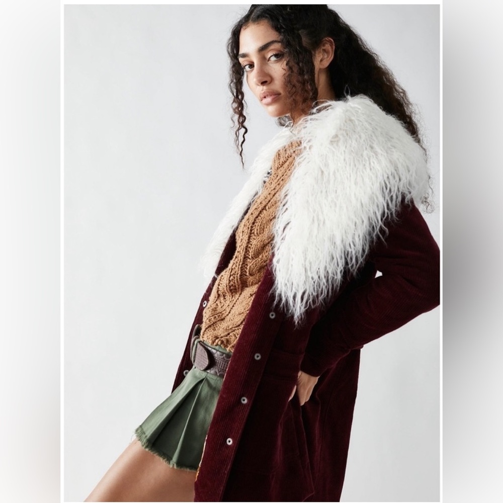 NWT Free People Lady Lane Faux Fur Collar Cord Jacket Coat Red Cream.